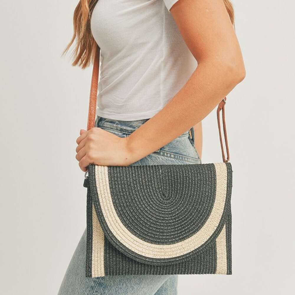 134. Black Straw Two Tone Crossbody Bag